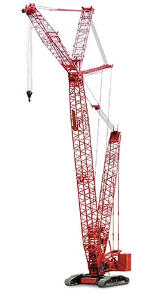 Large red construction crane ready for heavy lifting and site operations.