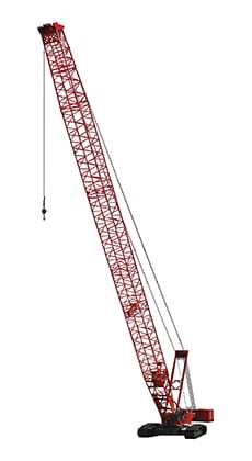 Red Manitowoc 16000 crawler crane tower, ideal for heavy lifting and construction projects.
