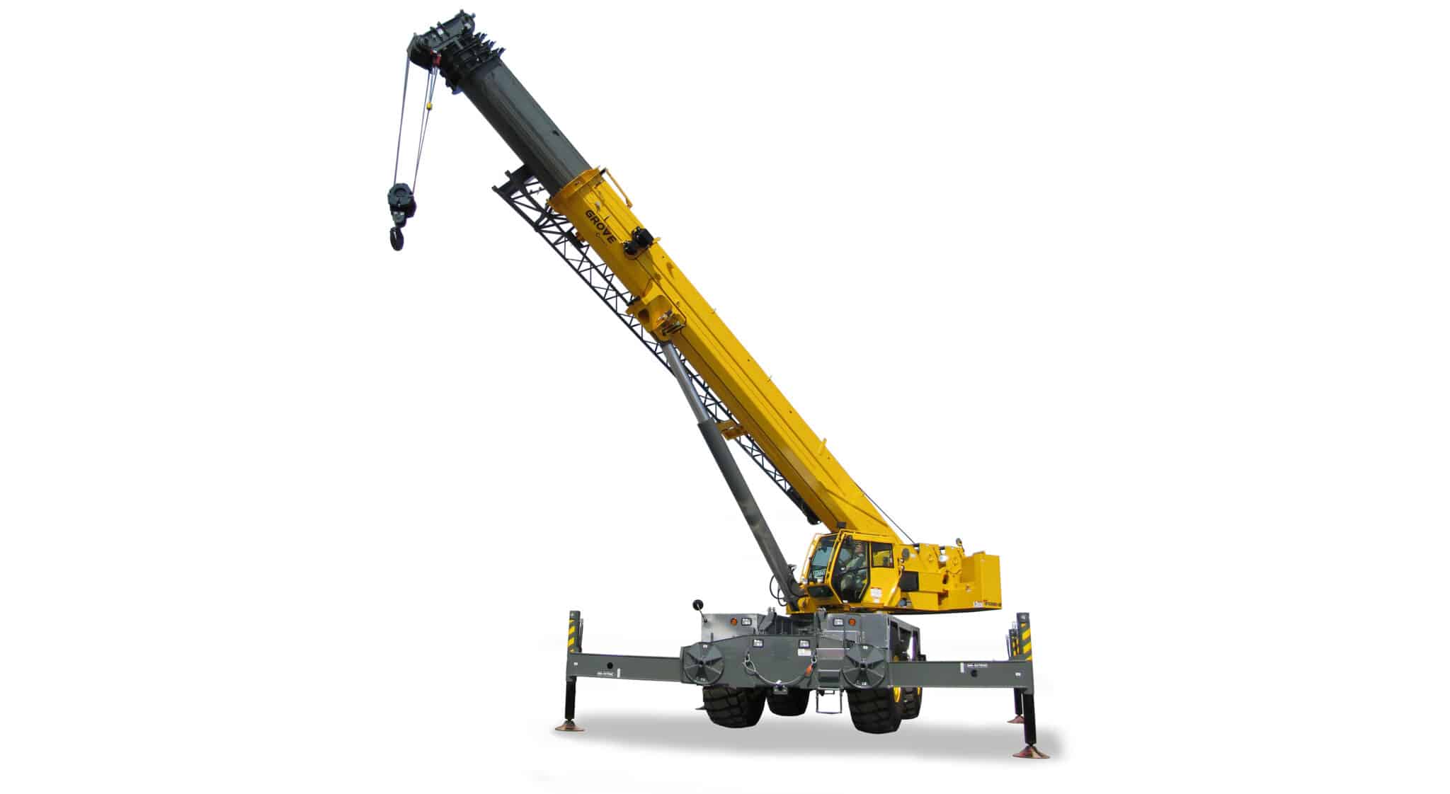 Yellow crane vehicle with extended arm, ideal for construction and heavy lifting tasks.