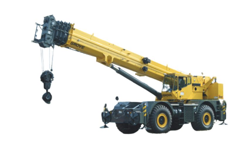 Grove crane with extended boom and hook, ideal for heavy lifting operations.