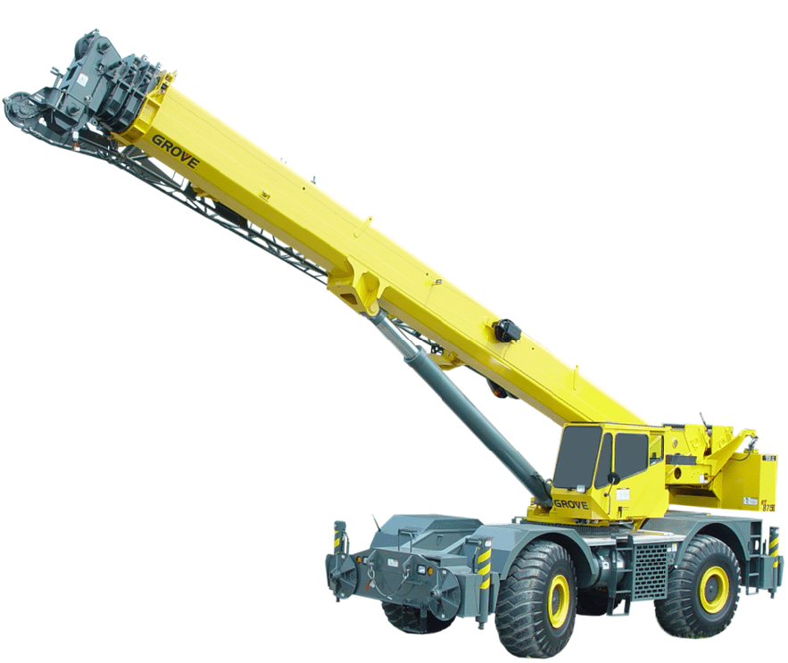 Grove RT875E rough terrain crane with extended boom, ideal for construction and heavy lifting operations.