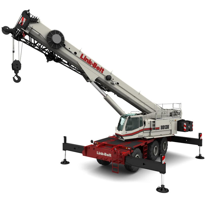 Link-Belt 80130 crane with extended boom and hook, designed for heavy lifting.