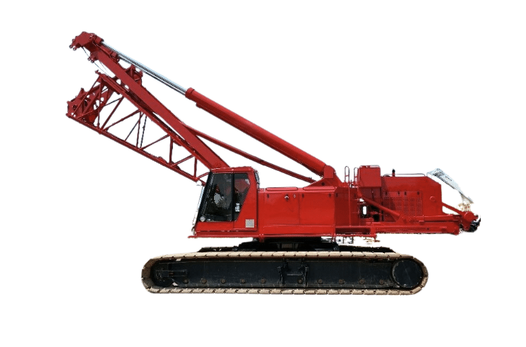 Red crawler crane on tracks, ideal for construction and heavy lifting tasks.