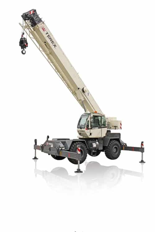Terex zoom boom crane with extended arm, ideal for heavy lifting and construction tasks.
