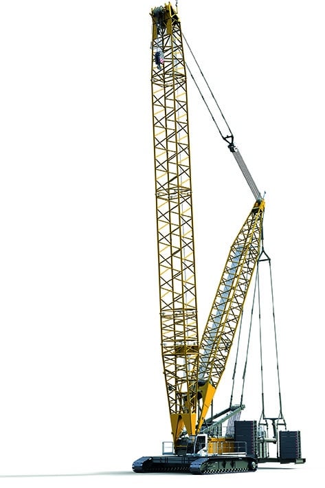 3D model of a yellow crane with extended boom for construction applications.
