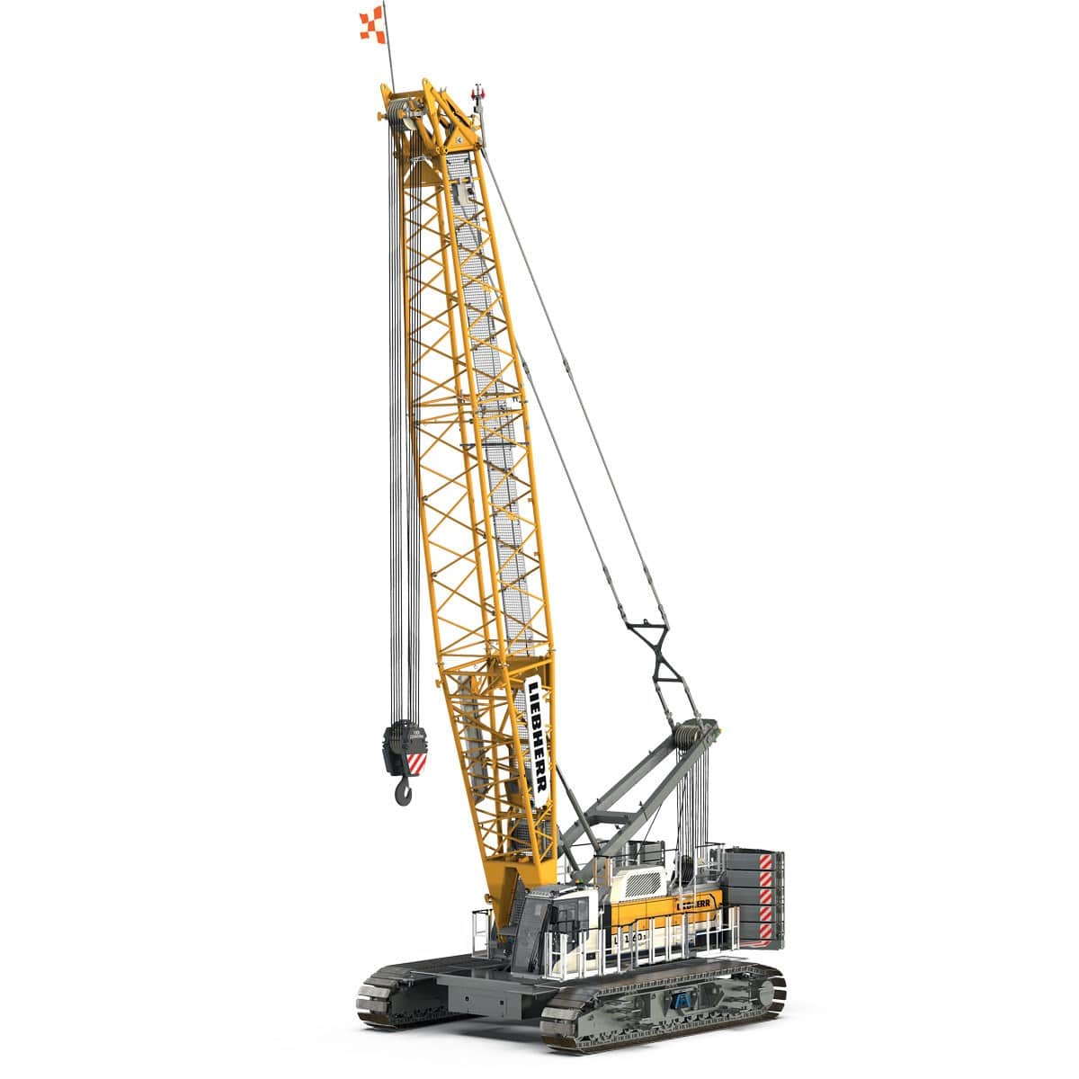 Crawler crane model with yellow arm and hook, ideal for construction projects.