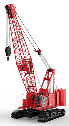 Red 3D model of a construction crane with a large boom and hoisting mechanism.