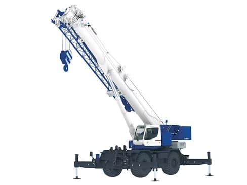 Mobile construction crane with extended arm and hook for heavy lifting operations.
