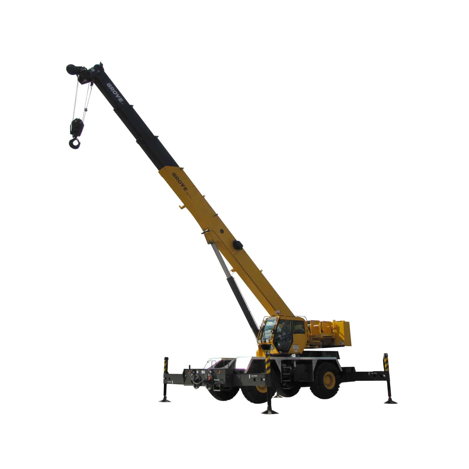 Grove RT600E crane features an extended arm for heavy-duty construction lifting.