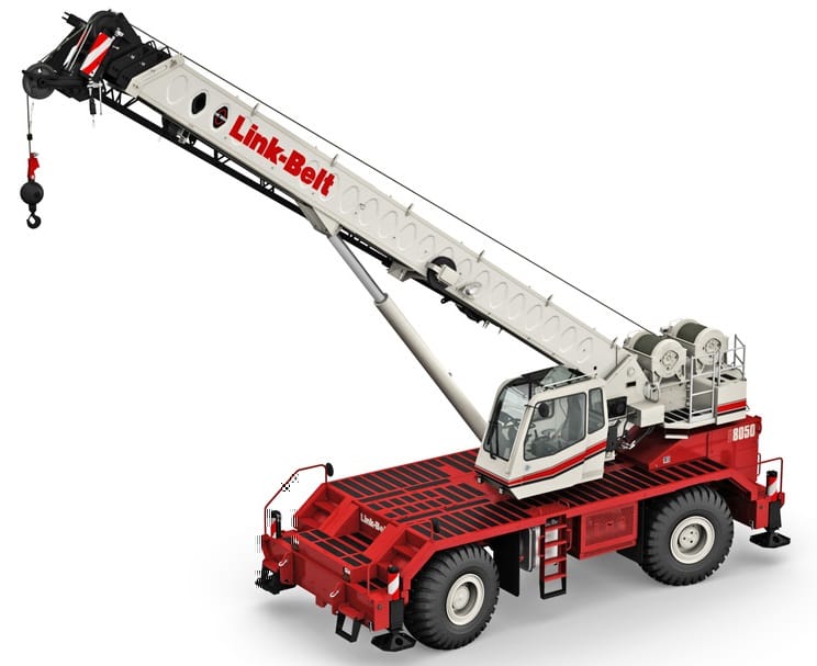 Link-Belt 8050 crane with extended boom, perfect for heavy lifting and construction tasks.