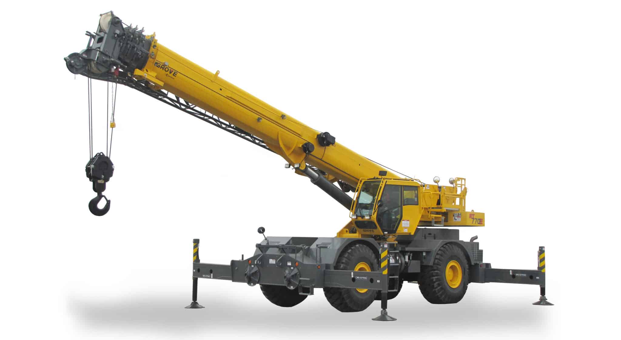 Grove RT770E rough terrain crane - Heavy-duty mobile crane with extended boom for construction and lifting operations.
