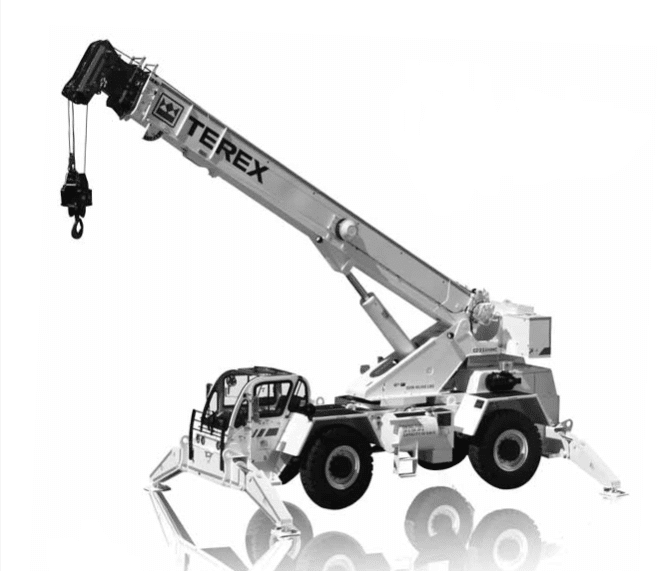 Terex crane with extended boom and stabilizers for heavy lifting operations.