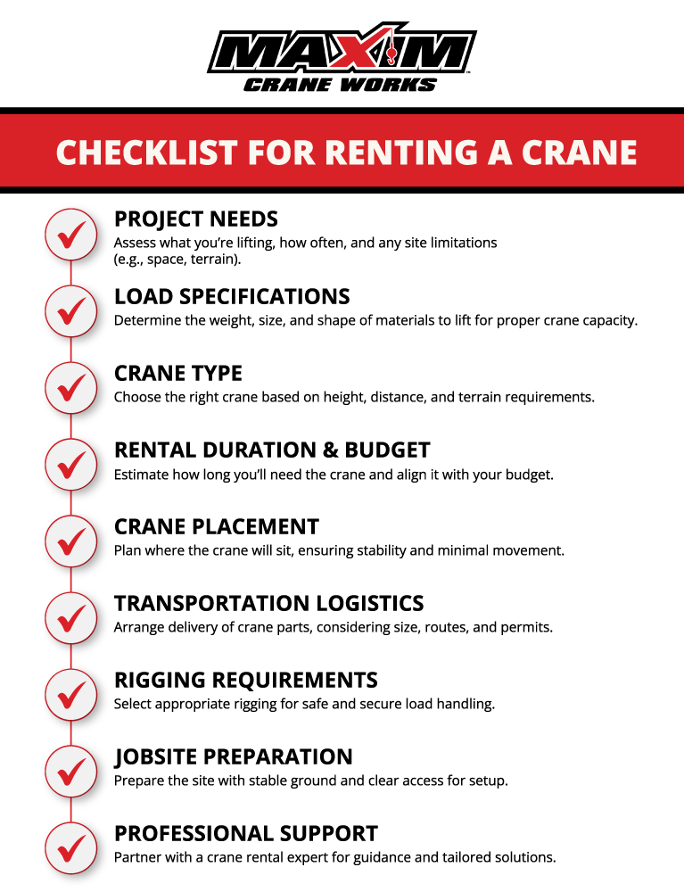 Checklist for renting a crane, covering project needs, specifications, and logistics.