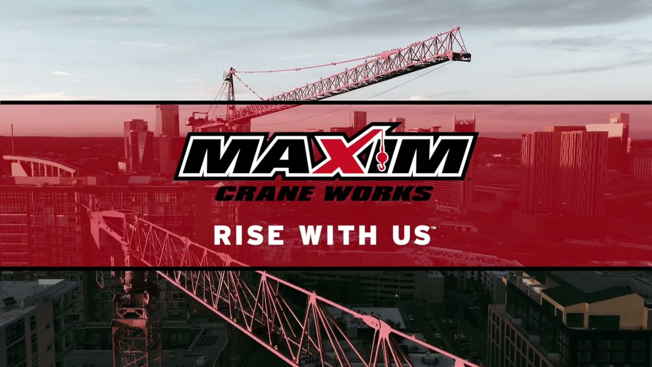 Maxim Crane Works logo with a construction crane and urban skyline backdrop.