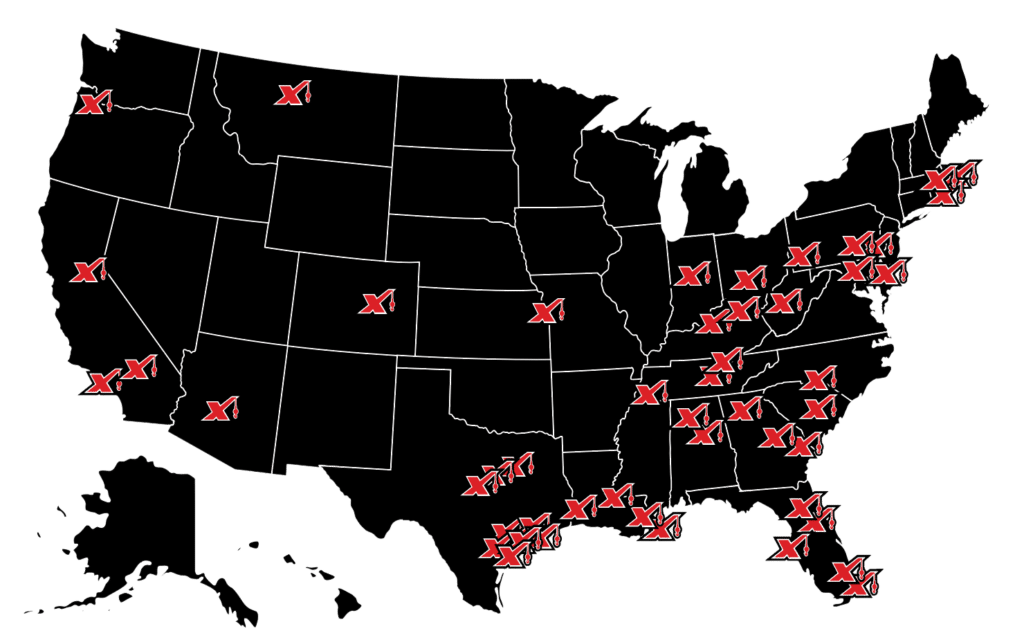 Map showing Maxim Crane locations marked with X symbols across the United States.
