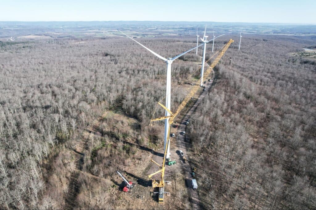 Wind turbines installed in forest, showcasing renewable energy development in nature.
