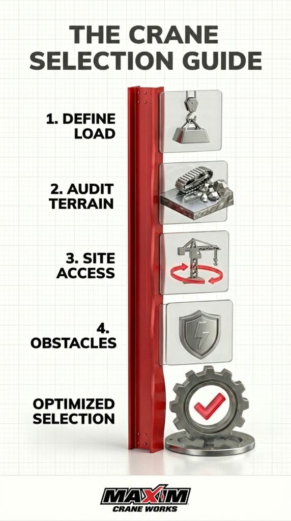 Crane selection guide outlining load, terrain, site access, and obstacles for optimal choices.