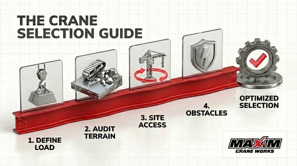 Crane selection guide outlining load, terrain, site access, and obstacles for optimal choices.