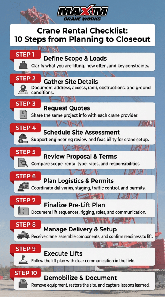 Crane rental checklist outlining ten essential steps from planning to project closeout.