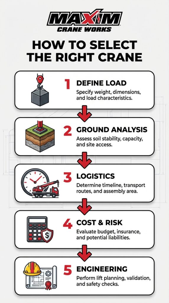Guide to choosing the right crane with load, site, logistics, cost, and safety considerations.