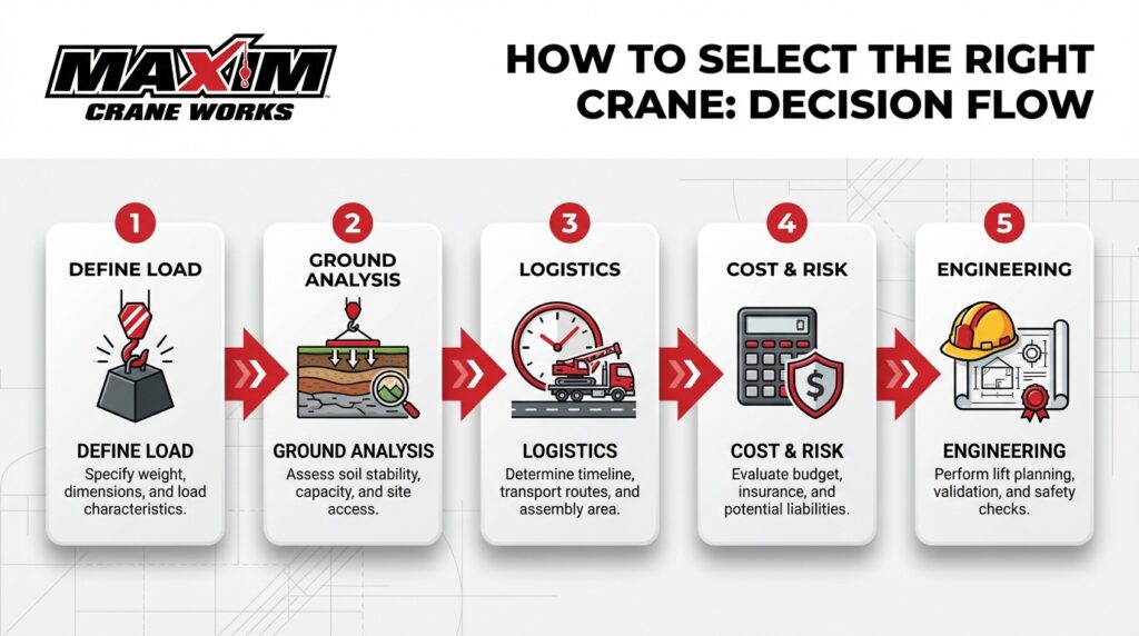 Guide to selecting the right crane through load, analysis, logistics, costs, and engineering.