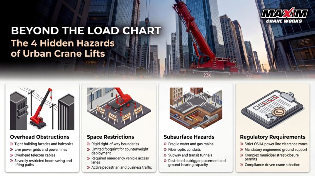 Hidden hazards of urban crane lifts include obstruction, space, subsurface, and regulatory challenges.