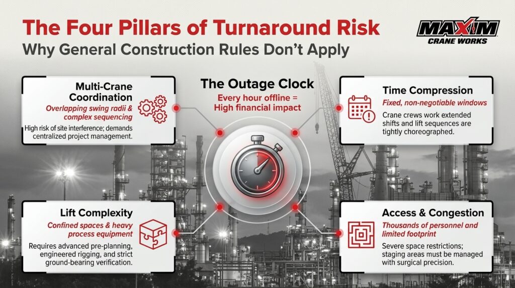 Crane rental plant turnaround requires managing multi-crane coordination and complex lift challenges.