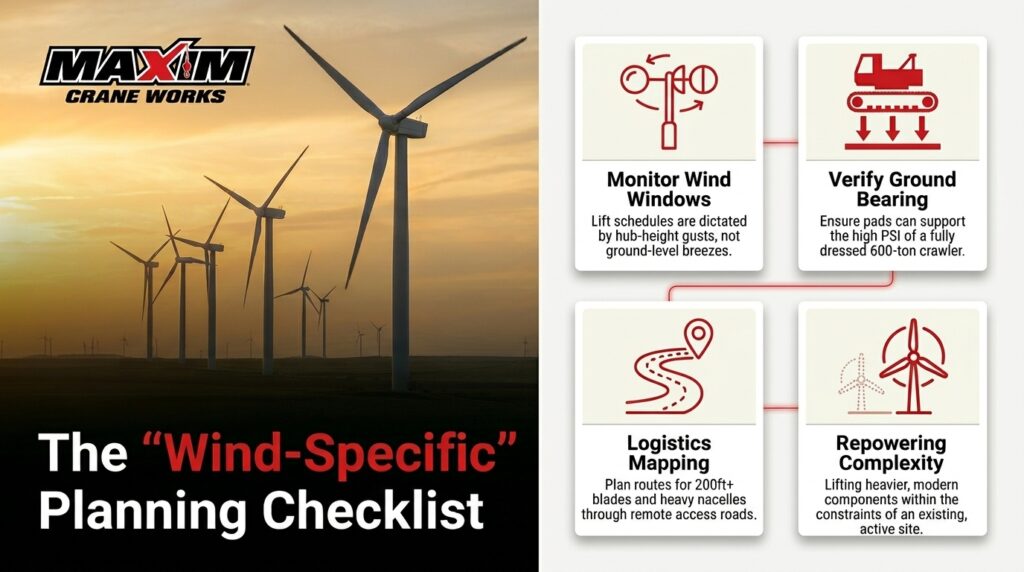Wind planning checklist for crane rental, optimizing logistics for wind energy projects.