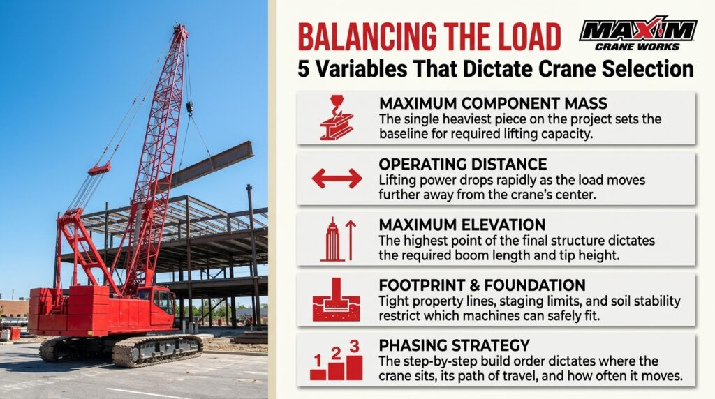 Crane for steel erection balancing load with key selection variables for effective lifting.