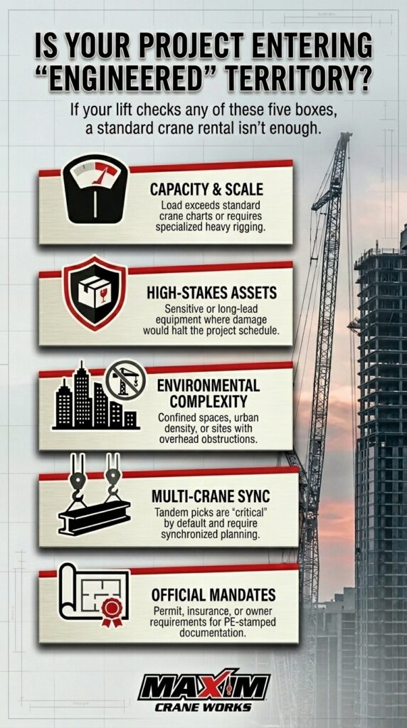 Heavy rigging and capacity requirements for engineered crane projects and complex lifts.