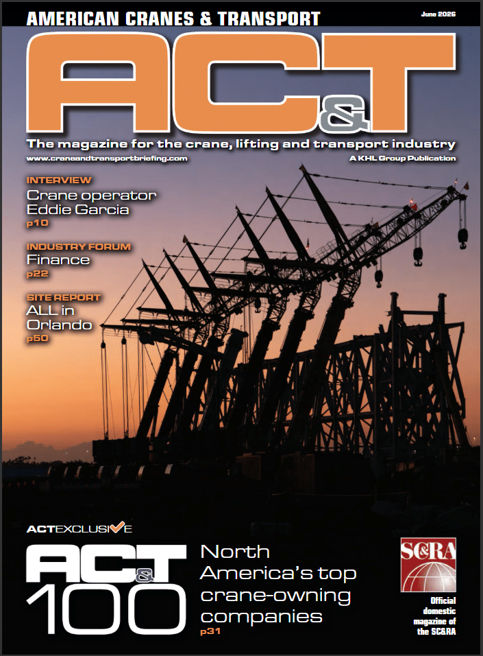 Cover of American Cranes and Transport magazine showcasing industry innovations and trends.