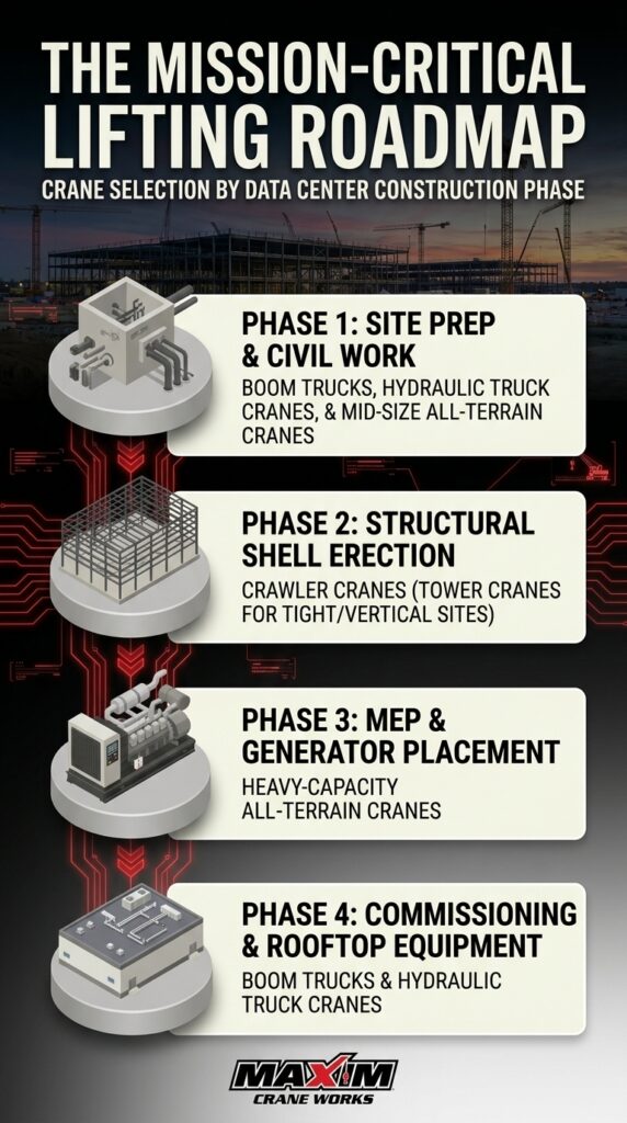 Crane services for data center construction: detailed lifting roadmap for essential phases.
