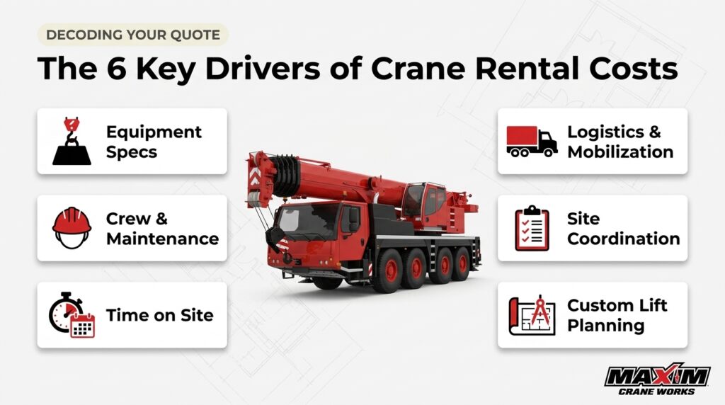 Crane rental costs depend on equipment specs, crew, site time, and logistics.