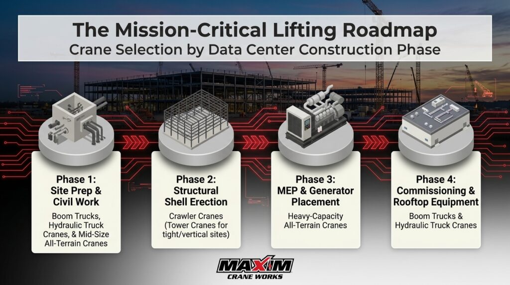 Crane selection roadmap for data center construction phases and services.