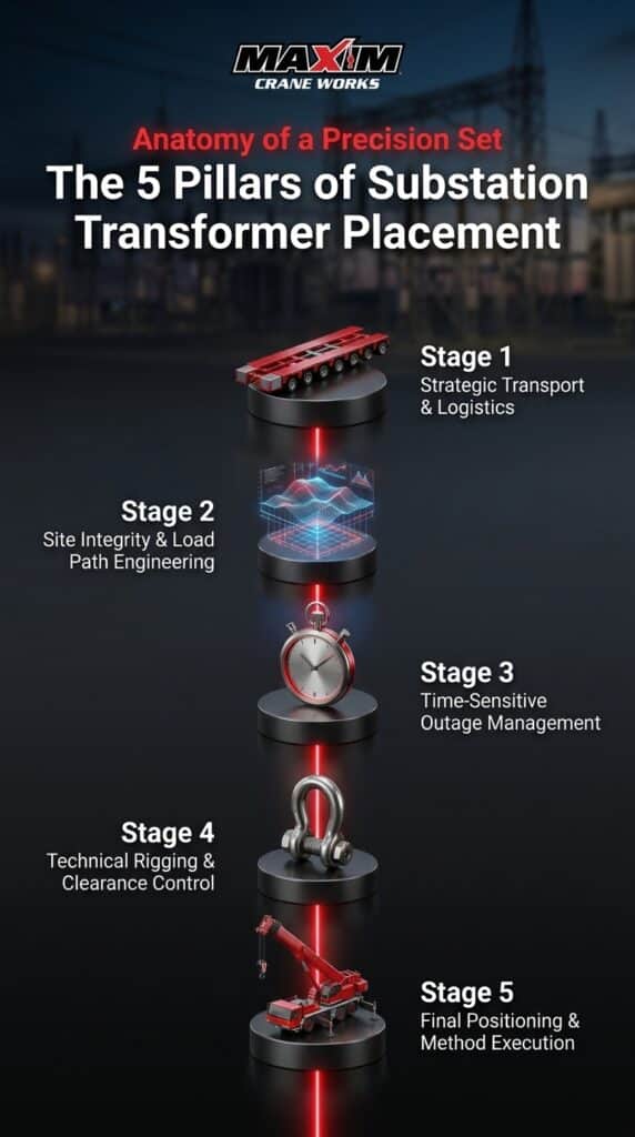 Cranes assist in the five pillars of efficient substation transformer placement.