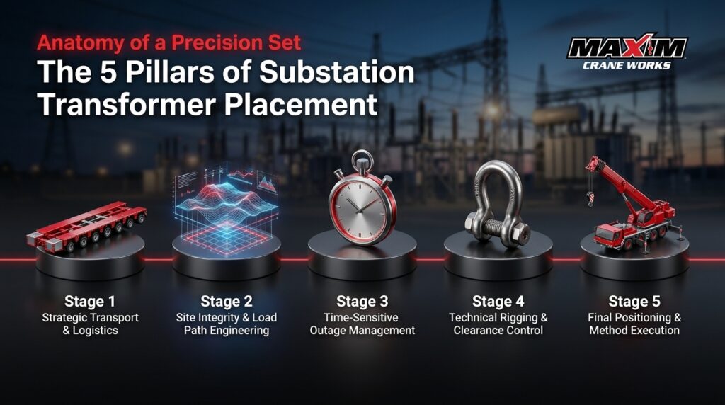 Cranes for substation construction: five stages of transformer placement explained.