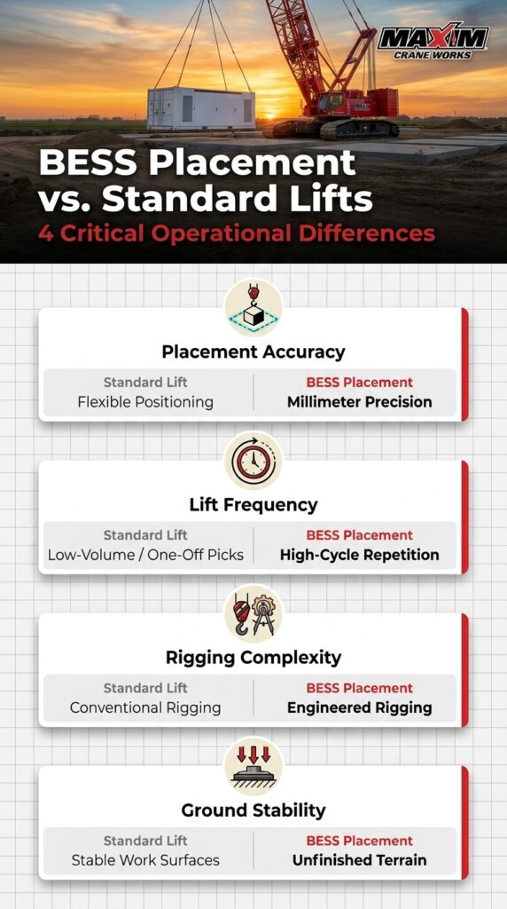 Crane services for BESS construction compare placement accuracy and lift frequency differences.