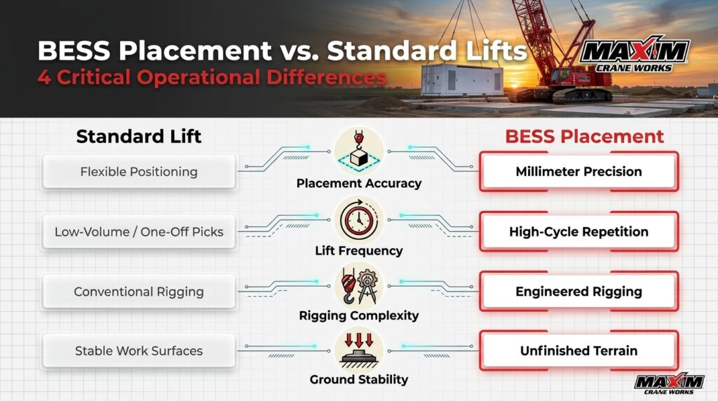 BESS construction relies on precise crane services for efficient battery energy storage placement.