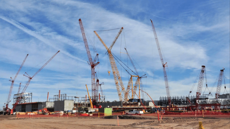 Cranes at a construction site lifting materials against a blue sky backdrop.