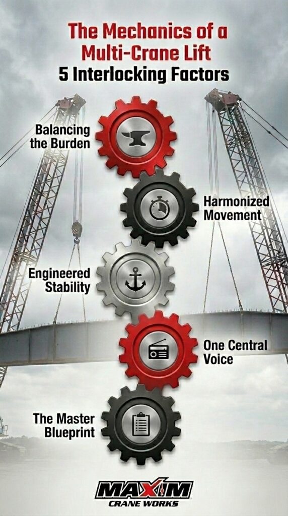 Multi-crane lift mechanics: key factors for balancing, stability, and efficient operation.