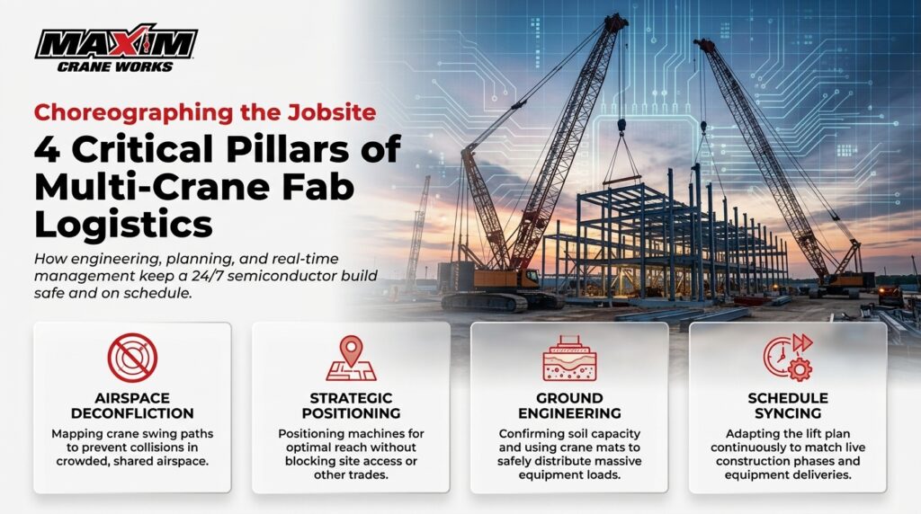 Multi-crane logistics facilitating semiconductor fab construction with precision and efficiency.