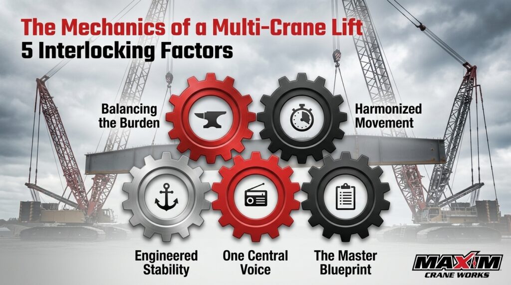 Key factors for successful multi-crane lifts include stability, coordination, and planning.