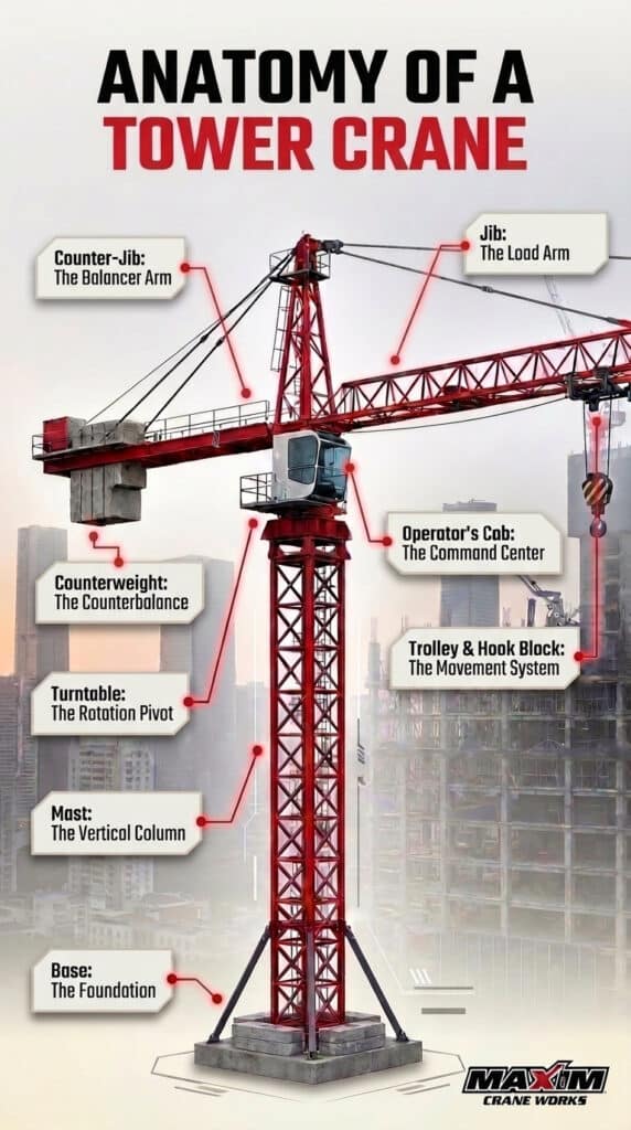 Anatomy of a tower crane, detailing essential components for construction and lifting operations.