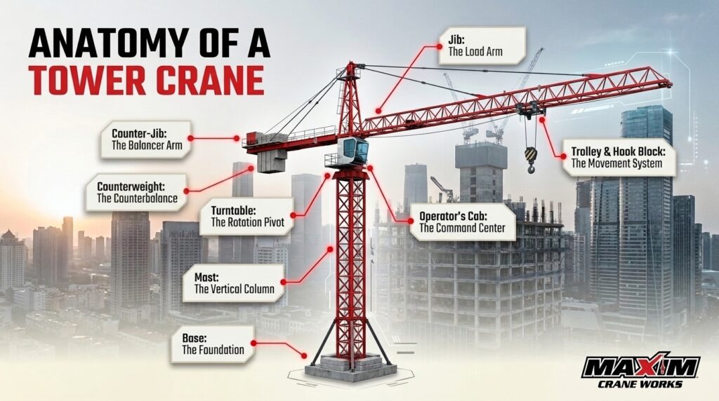 Detailed diagram showcasing the anatomy of a tower crane and its components.