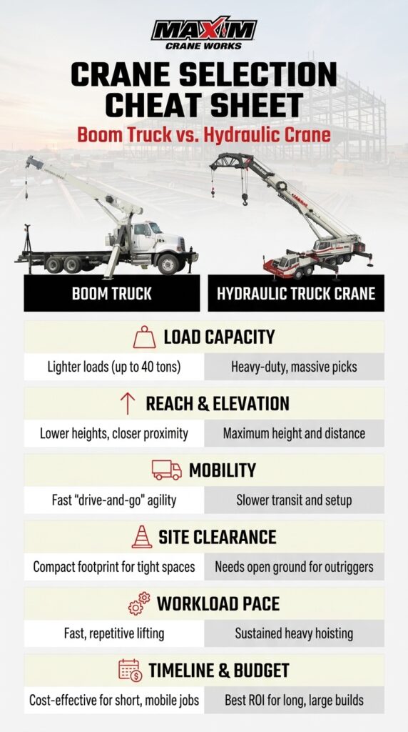 Compare hydraulic truck crane and boom truck for effective lifting and mobility.