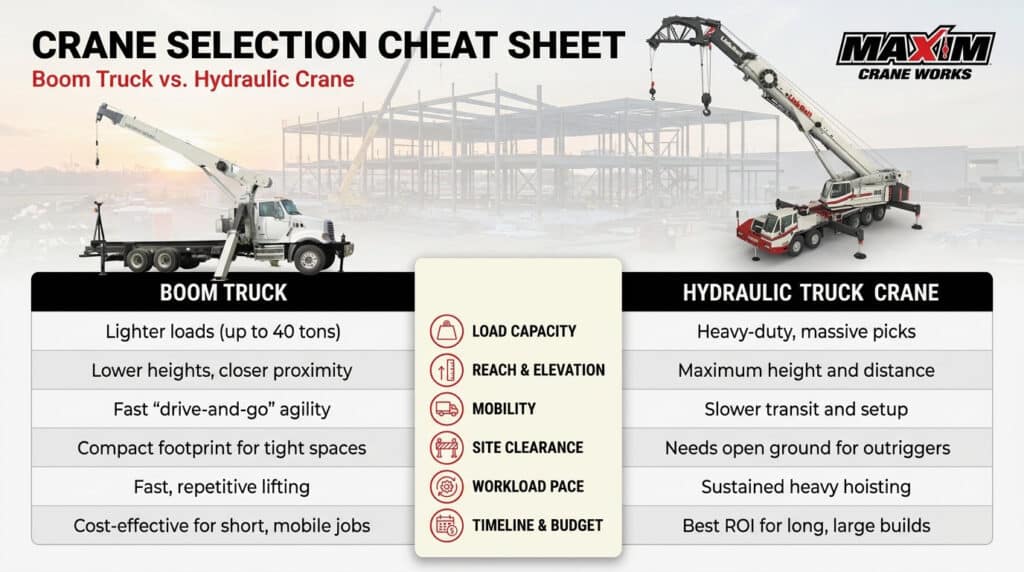 Compare hydraulic truck cranes and boom trucks for optimal crane selection and usage.