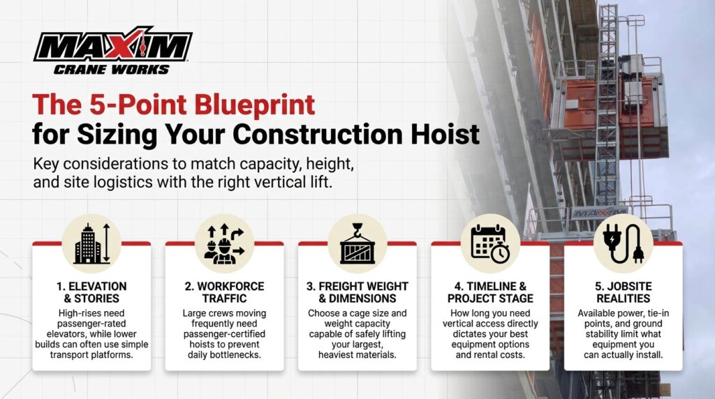 Construction hoist rental guide featuring essential sizing tips for personnel and material lifts.