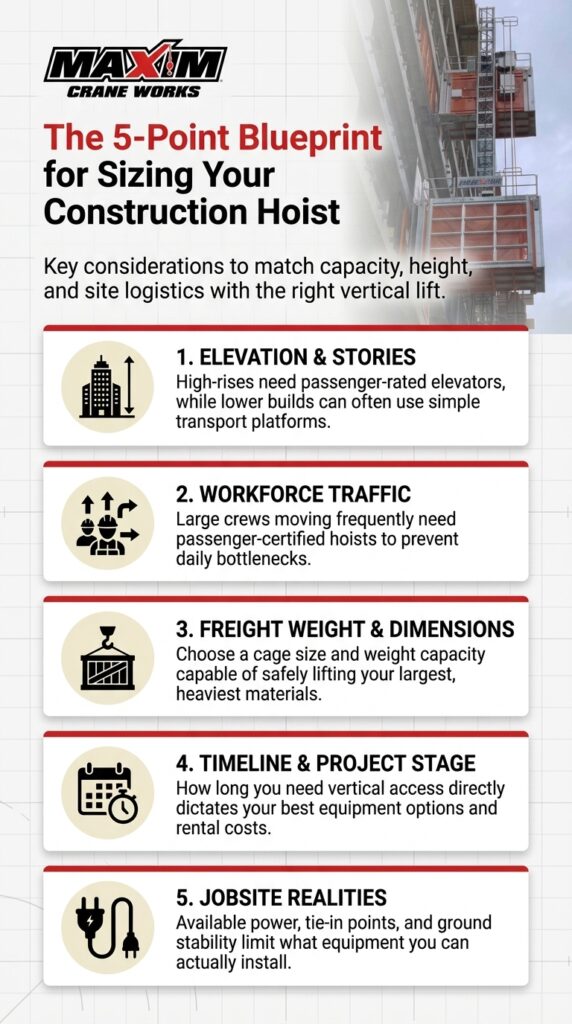Key factors for construction hoist rental, including sizing and specifications for efficient use.