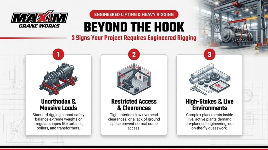 Engineered rigging signs highlighting essential types of rigging equipment for complex projects.
