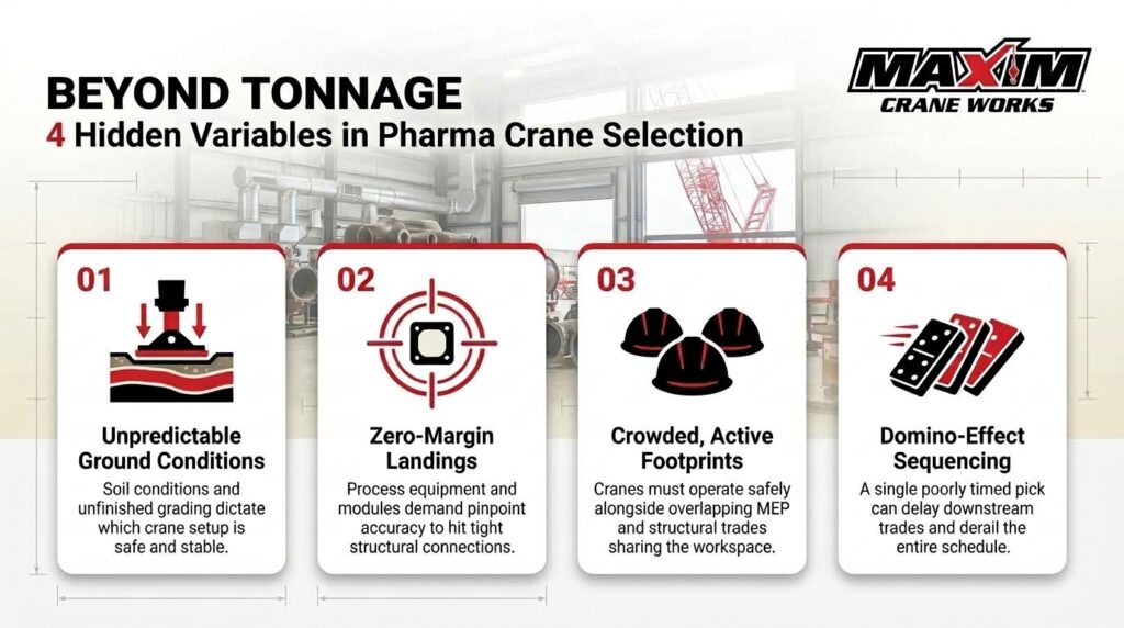 Crane services ensure safety and efficiency in pharmaceutical facility construction projects.